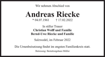 Traueranzeige von Andreas Riecke  von Magdeburger Volksstimme