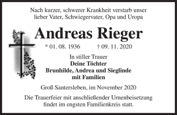 Traueranzeige von Andreas Rieger  von Magdeburger Volksstimme