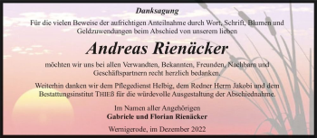 Traueranzeige von Andreas Rienäcker  von Magdeburger Volksstimme