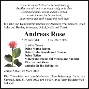 Traueranzeige von Andreas Rose  von Magdeburger Volksstimme