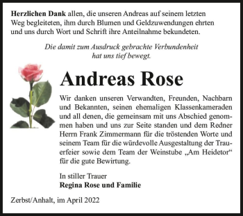 Traueranzeige von Andreas Rose  von Magdeburger Volksstimme