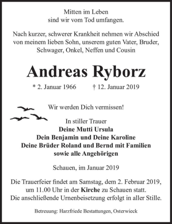 Traueranzeige von Andreas Ryborz  von Magdeburger Volksstimme