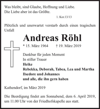 Traueranzeige von Andreas Röhl  von Magdeburger Volksstimme