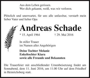 Traueranzeige von Andreas Schade  von Magdeburger Volksstimme