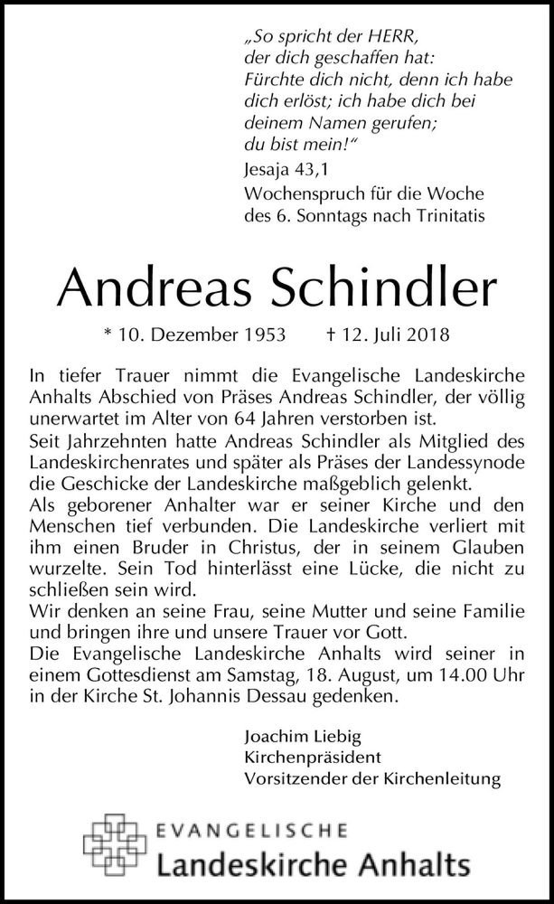  Traueranzeige für Andreas Schindler  vom 19.07.2018 aus Magdeburger Volksstimme