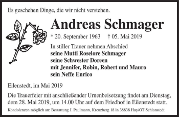 Traueranzeige von Andreas Schmager  von Magdeburger Volksstimme