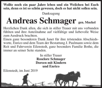 Traueranzeige von Andreas Schmager gen. Muckel  von Magdeburger Volksstimme