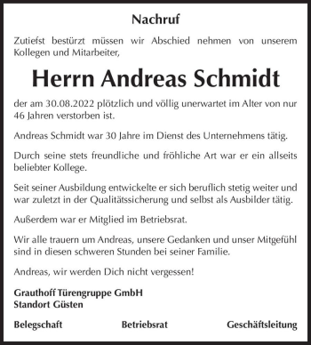Traueranzeige von Andreas Schmidt  von Magdeburger Volksstimme