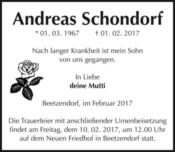 Traueranzeige von Andreas Schondorf  von Magdeburger Volksstimme