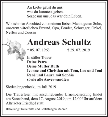 Traueranzeige von Andreas Schultz  von Magdeburger Volksstimme