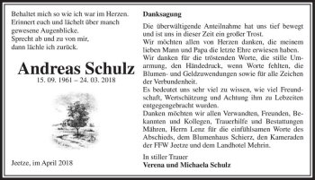 Traueranzeige von Andreas Schulz  von Magdeburger Volksstimme