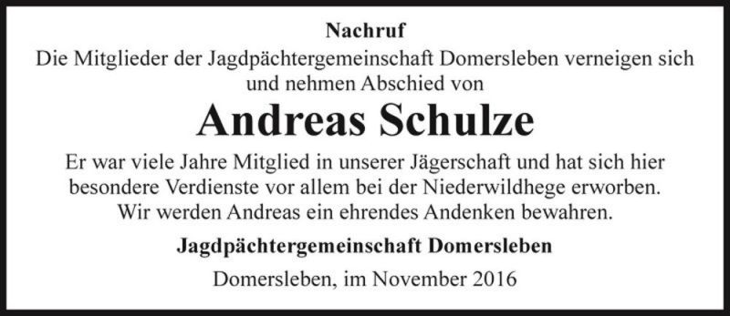  Traueranzeige für Andreas Schulze  vom 19.11.2016 aus Magdeburger Volksstimme