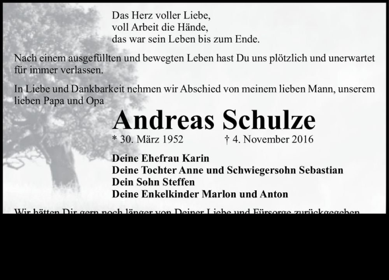  Traueranzeige für Andreas Schulze  vom 08.11.2016 aus Magdeburger Volksstimme