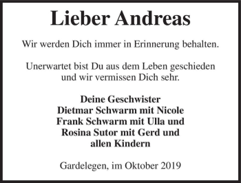 Traueranzeige von Andreas Schwarm  von Magdeburger Volksstimme