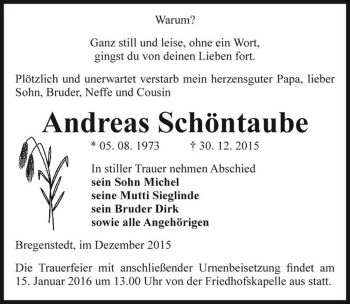 Traueranzeige von Andreas Schöntaube  von Magdeburger Volksstimme