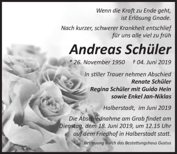 Traueranzeige von Andreas Schüler  von Magdeburger Volksstimme