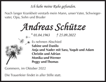 Traueranzeige von Andreas Schütze  von Magdeburger Volksstimme