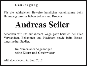 Traueranzeige von Andreas Seiler  von Magdeburger Volksstimme