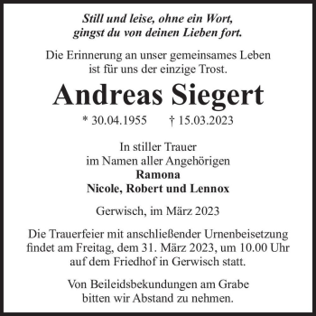 Traueranzeige von Andreas Siegert  von Magdeburger Volksstimme