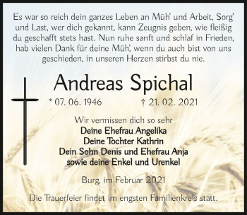 Traueranzeige von Andreas Spichal  von Magdeburger Volksstimme