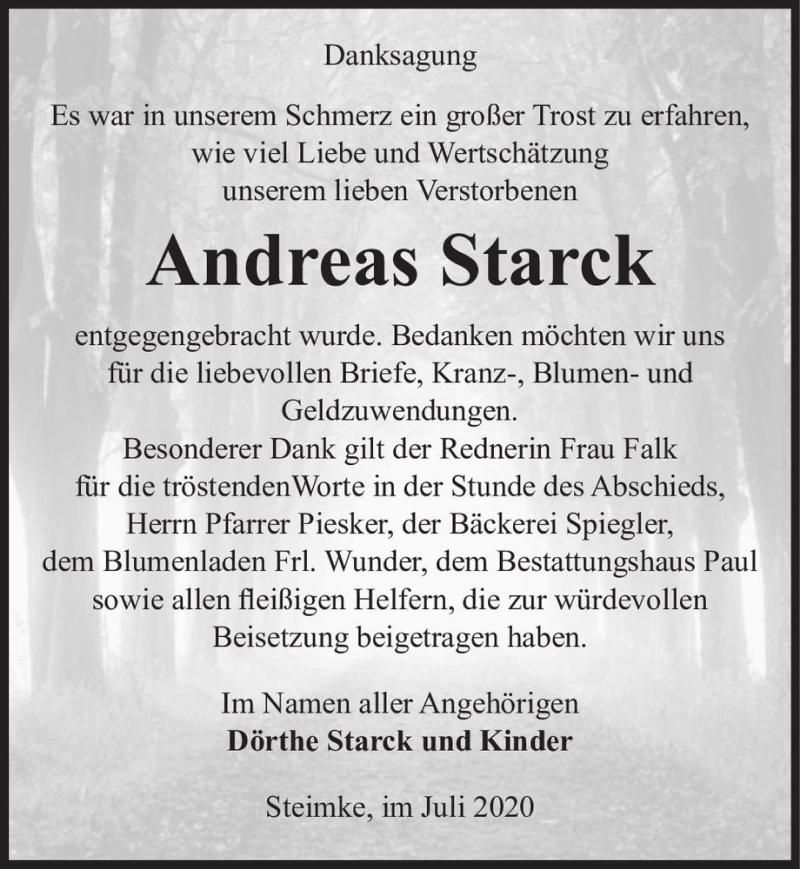  Traueranzeige für Andreas Starck  vom 04.08.2020 aus Magdeburger Volksstimme