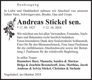 Traueranzeige von Andreas Stickel sen.  von Magdeburger Volksstimme