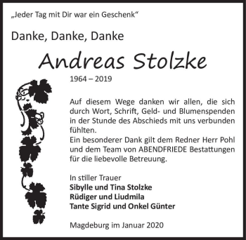 Traueranzeige von Andreas Stolzke  von Magdeburger Volksstimme