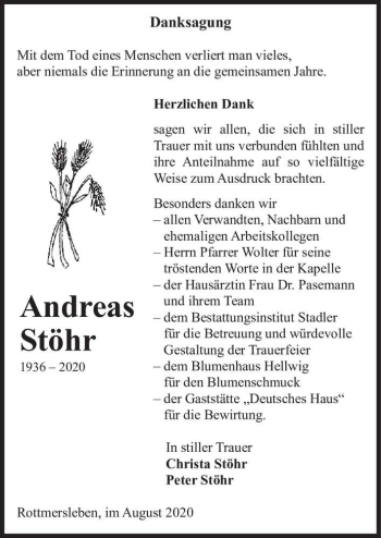 Traueranzeige von Andreas Stöhr  von Magdeburger Volksstimme