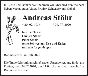 Traueranzeige von Andreas Stöhr  von Magdeburger Volksstimme