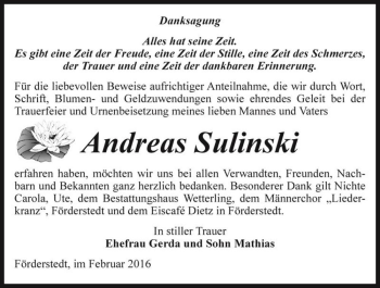Traueranzeige von Andreas Sulinski  von Magdeburger Volksstimme