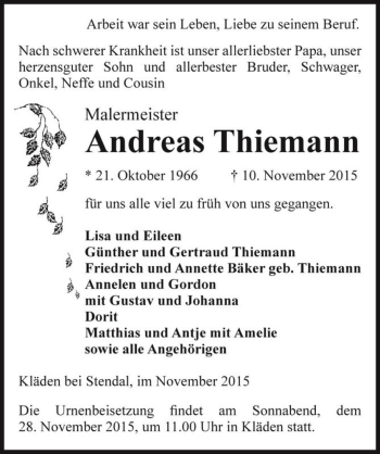 Traueranzeige von Andreas Thiemann  von Magdeburger Volksstimme