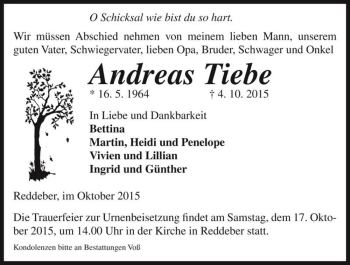 Traueranzeige von Andreas Tiebe  von Magdeburger Volksstimme