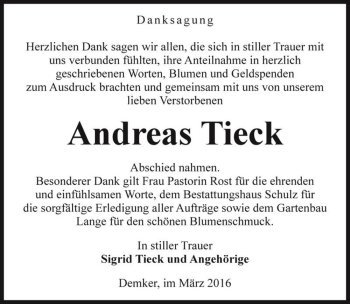 Traueranzeige von Andreas Tieck  von Magdeburger Volksstimme