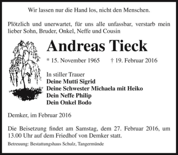 Traueranzeige von Andreas Tieck  von Magdeburger Volksstimme
