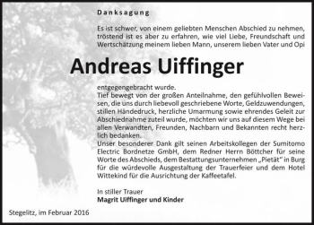 Traueranzeige von Andreas Uiffinger  von Magdeburger Volksstimme