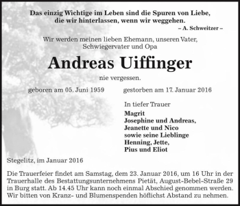Traueranzeige von Andreas Uiffinger  von Magdeburger Volksstimme