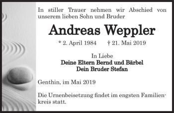 Traueranzeige von Andreas Weppler  von Magdeburger Volksstimme