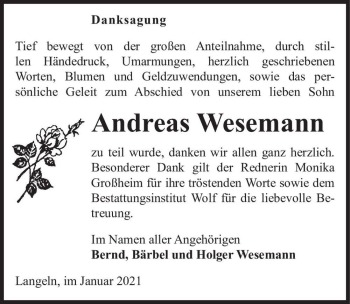 Traueranzeige von Andreas Wesemann  von Magdeburger Volksstimme