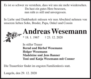 Traueranzeige von Andreas Wesemann  von Magdeburger Volksstimme