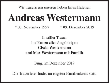 Traueranzeige von Andreas Westermann  von Magdeburger Volksstimme