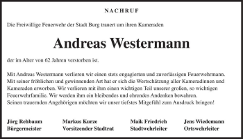 Traueranzeige von Andreas Westermann  von Magdeburger Volksstimme