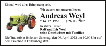 Traueranzeige von Andreas Weyl  von Magdeburger Volksstimme