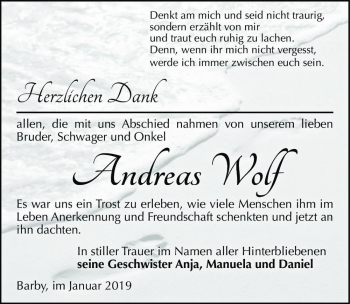 Traueranzeige von Andreas Wolf  von Magdeburger Volksstimme