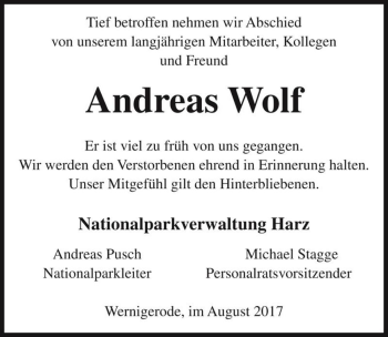 Traueranzeige von Andreas Wolf  von Magdeburger Volksstimme
