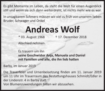 Traueranzeige von Andreas Wolf  von Magdeburger Volksstimme