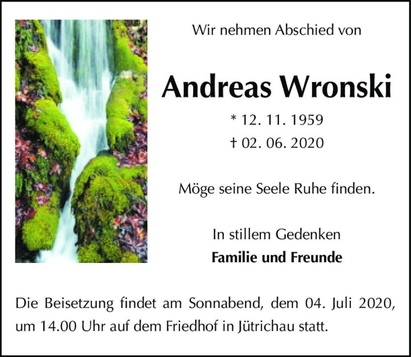  Traueranzeige für Andreas Wronski  vom 20.06.2020 aus Magdeburger Volksstimme