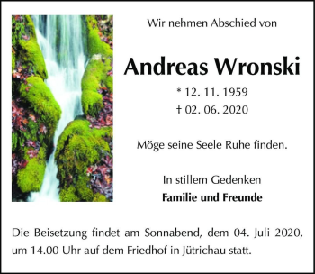 Traueranzeige von Andreas Wronski  von Magdeburger Volksstimme