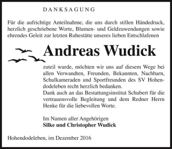 Traueranzeige von Andreas Wudick  von Magdeburger Volksstimme