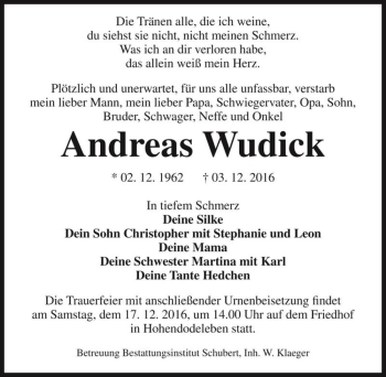 Traueranzeige von Andreas Wudick  von Magdeburger Volksstimme