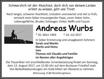 Traueranzeige von Andreas Wurbs  von Magdeburger Volksstimme